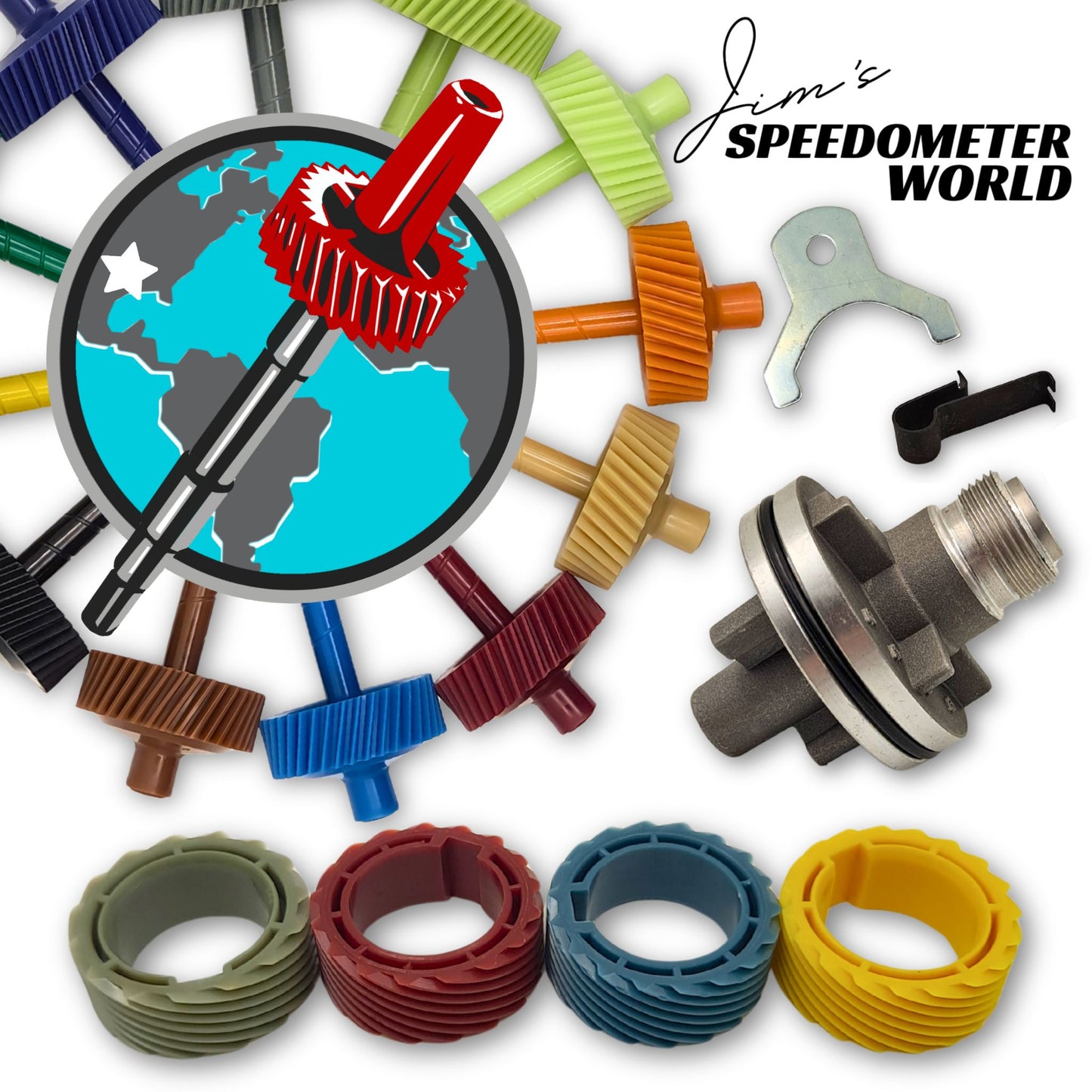 Various speedometer components for 700R4 transmissions with Jim's Speedometer World's logo and text.