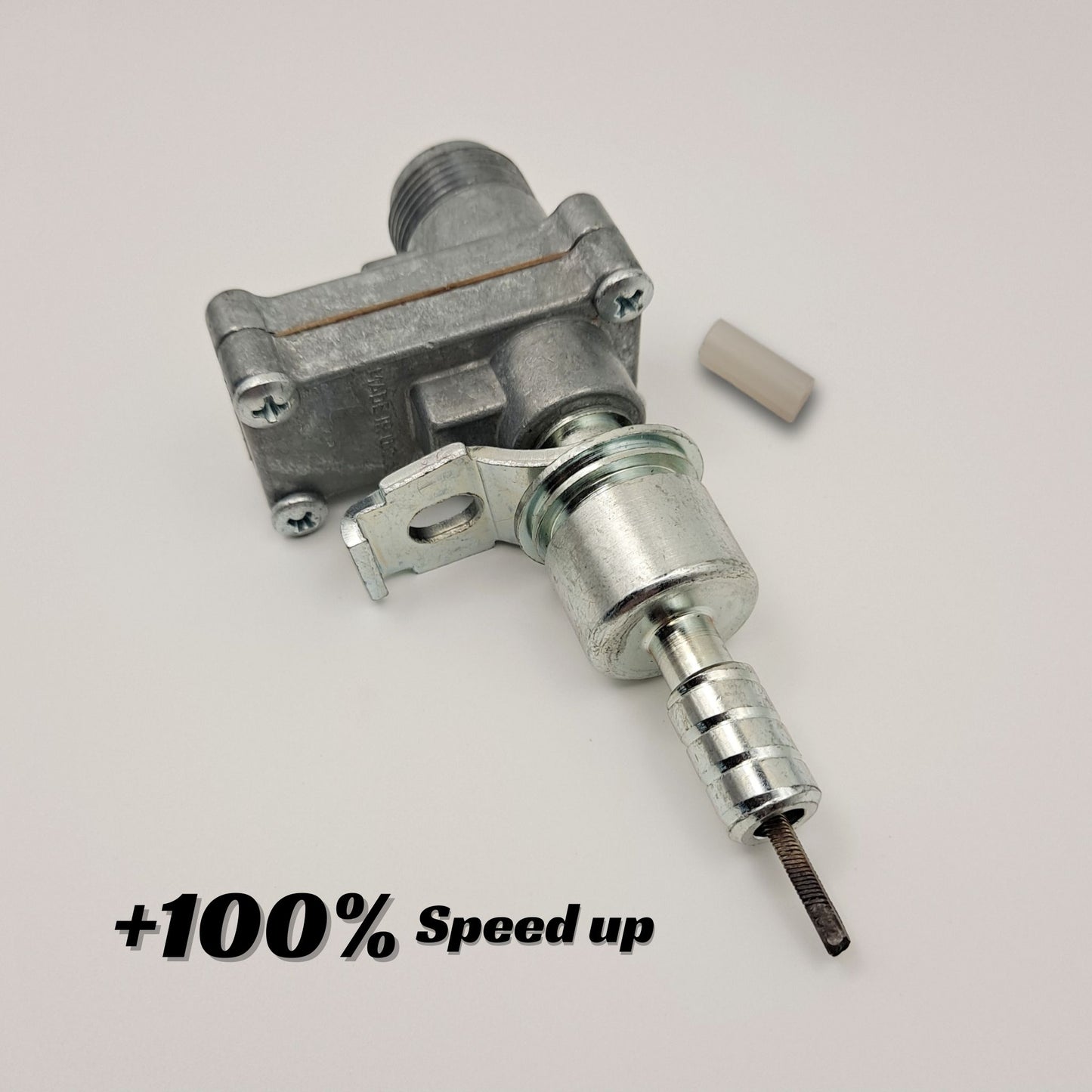 CBI speedometer gear ratio adapter with one Ford ferrule end, a plastic downsizer, and a label that reads "+100% Speed up".