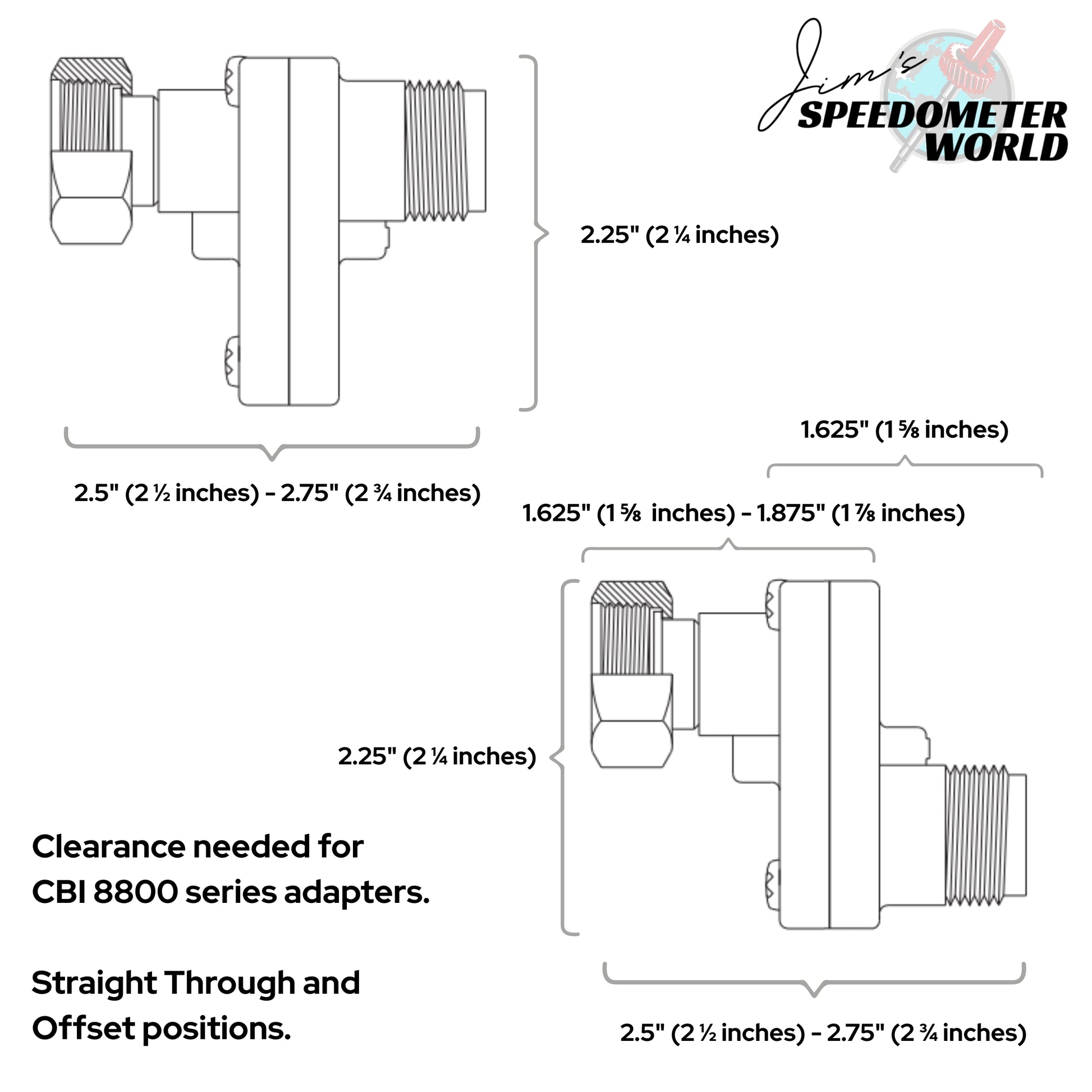 Technical diagram of CBI All Makes speedometer ratio adapter clearances for the Straight Through and Offset configuration
