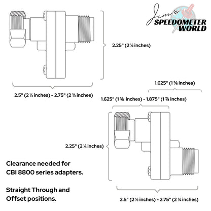 Technical diagram of CBI All Makes speedometer ratio adapter clearances for the Straight Through and Offset configuration