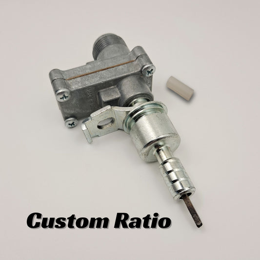 CBI speedometer gear ratio adapter with one Ford ferrule end, a plastic downsizer, and a label that reads "custom ratio".
