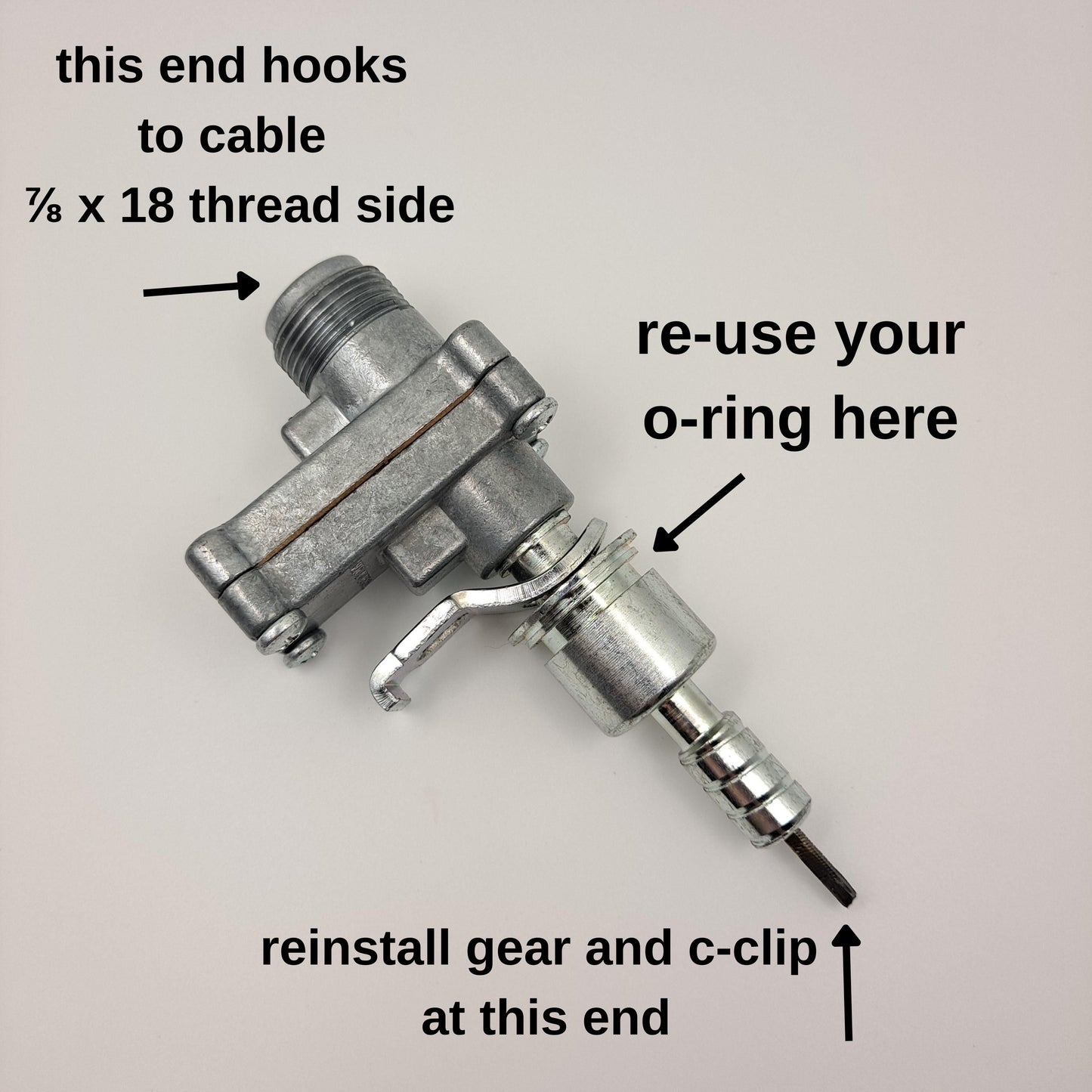 An image of a CBI ratio adapter with a Ford ferrule end. Including an instruction for the 7/8 x 18 thread end. Including an instruction for the Ford ferrule end. And including an instruction to re-use your o-ring. 