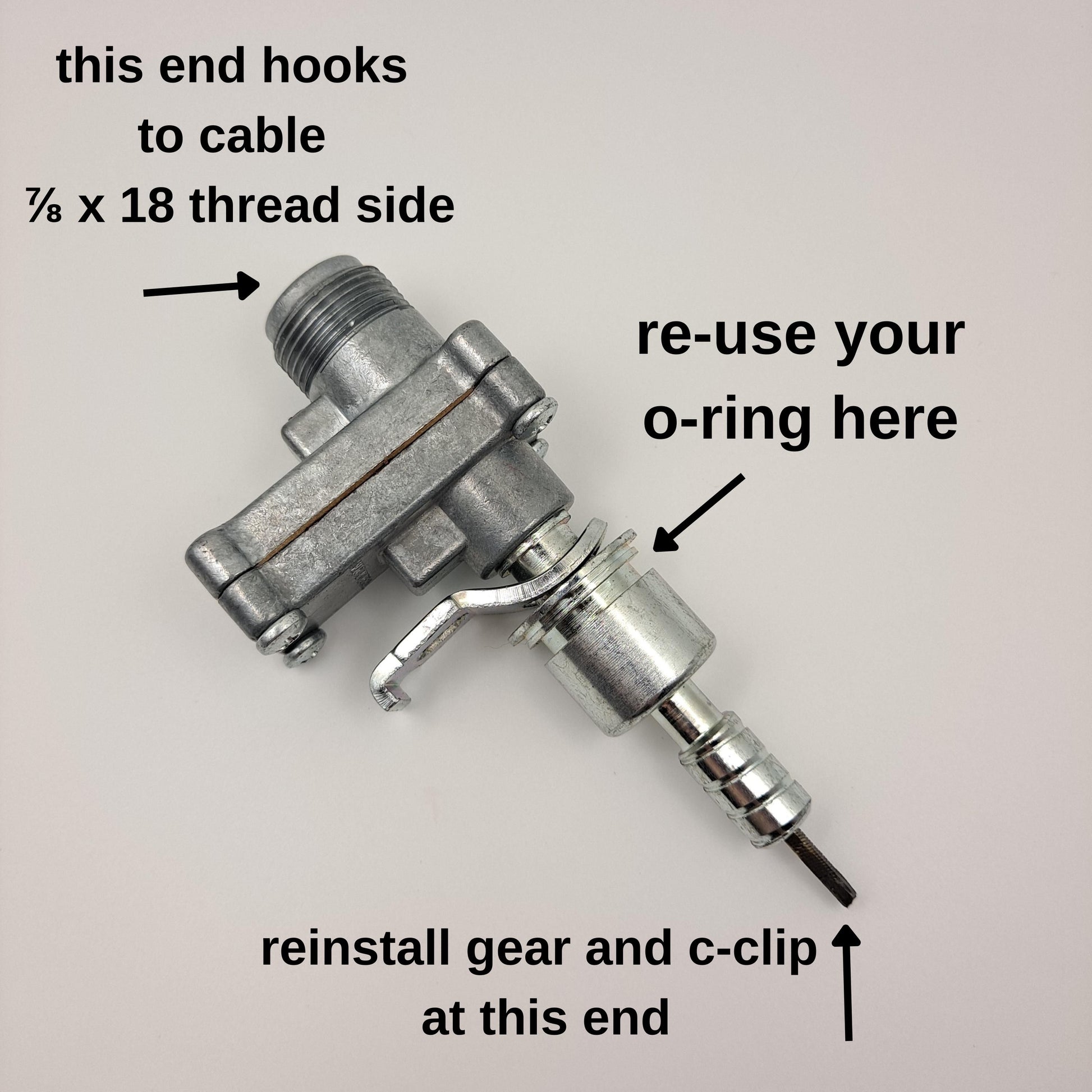 An image of a CBI ratio adapter with a Ford ferrule end. Including an instruction for the 7/8 x 18 thread end. Including an instruction for the Ford ferrule end. And including an instruction to re-use your o-ring. 
