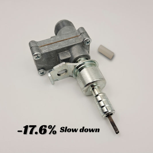 CBI speedometer gear ratio adapter with one Ford ferrule end, a plastic downsizer, and a label that reads "minus 17.6 percent slow down".