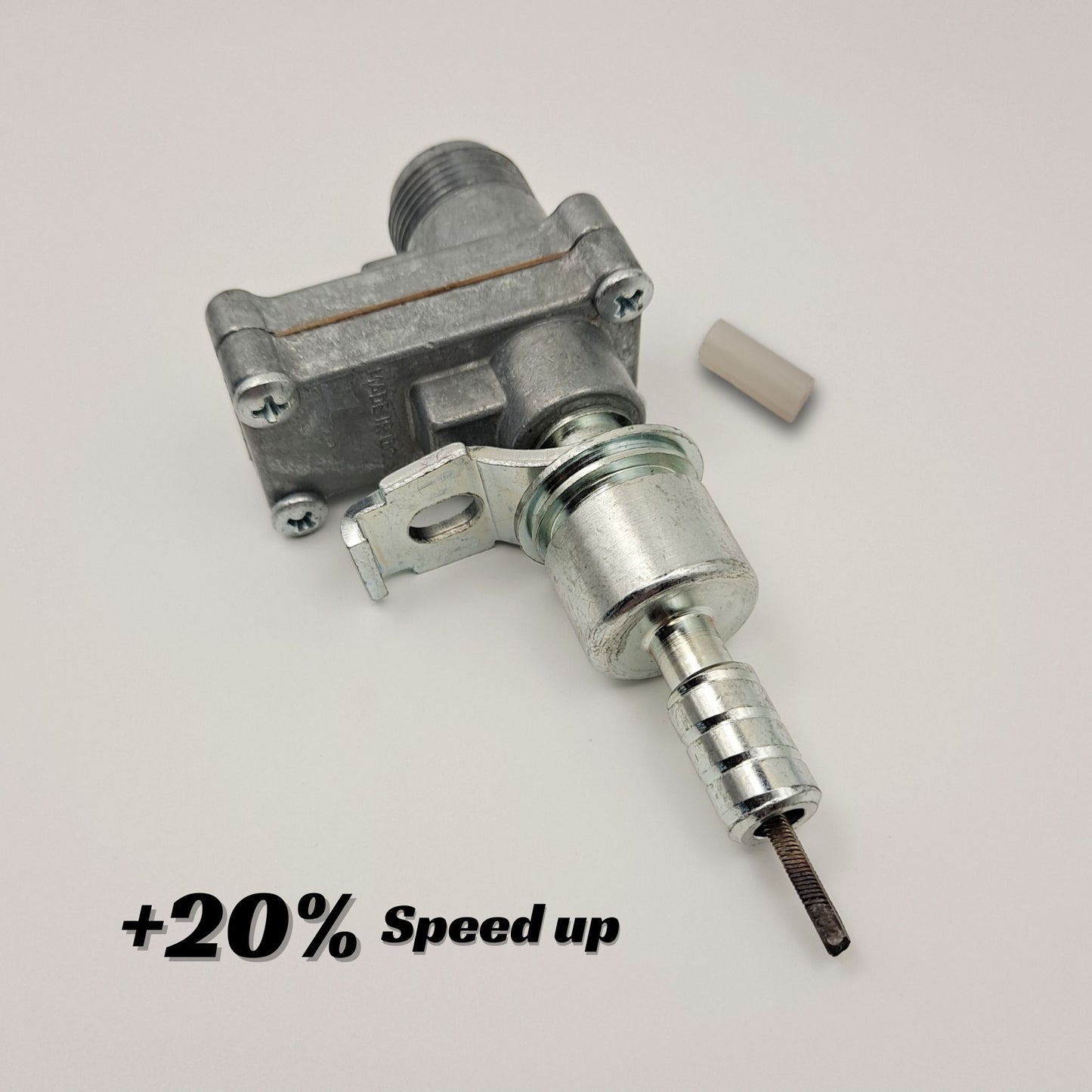CBI speedometer gear ratio adapter with one Ford ferrule end, a plastic downsizer, and a label that reads "+20% Speed up".