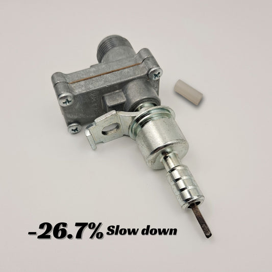 CBI speedometer gear ratio adapter with one Ford ferrule end, a plastic downsizer, and a label that reads "minus 26.7 percent slow down".