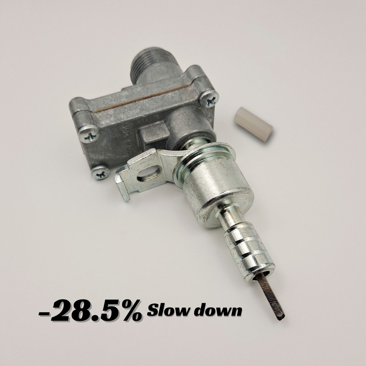 CBI speedometer gear ratio adapter with one Ford ferrule end, a plastic downsizer, and a label that reads "minus 28.5 percent slow down".