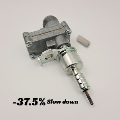 CBI speedometer gear ratio adapter with one Ford ferrule end, a plastic downsizer, and a label that reads "minus 37.5 percent slow down".