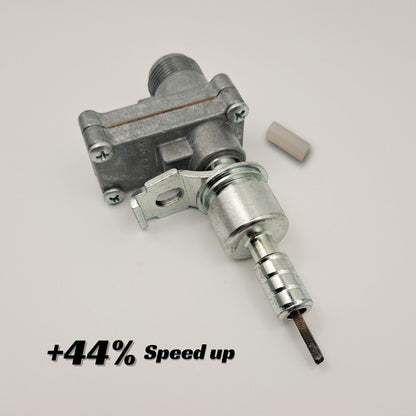 CBI speedometer gear ratio adapter with one Ford ferrule end, a plastic downsizer, and a label that reads "+44% Speed up".