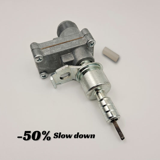 CBI speedometer gear ratio adapter with one Ford ferrule end, a plastic downsizer, and a label that reads "minus 50 percent slow down".