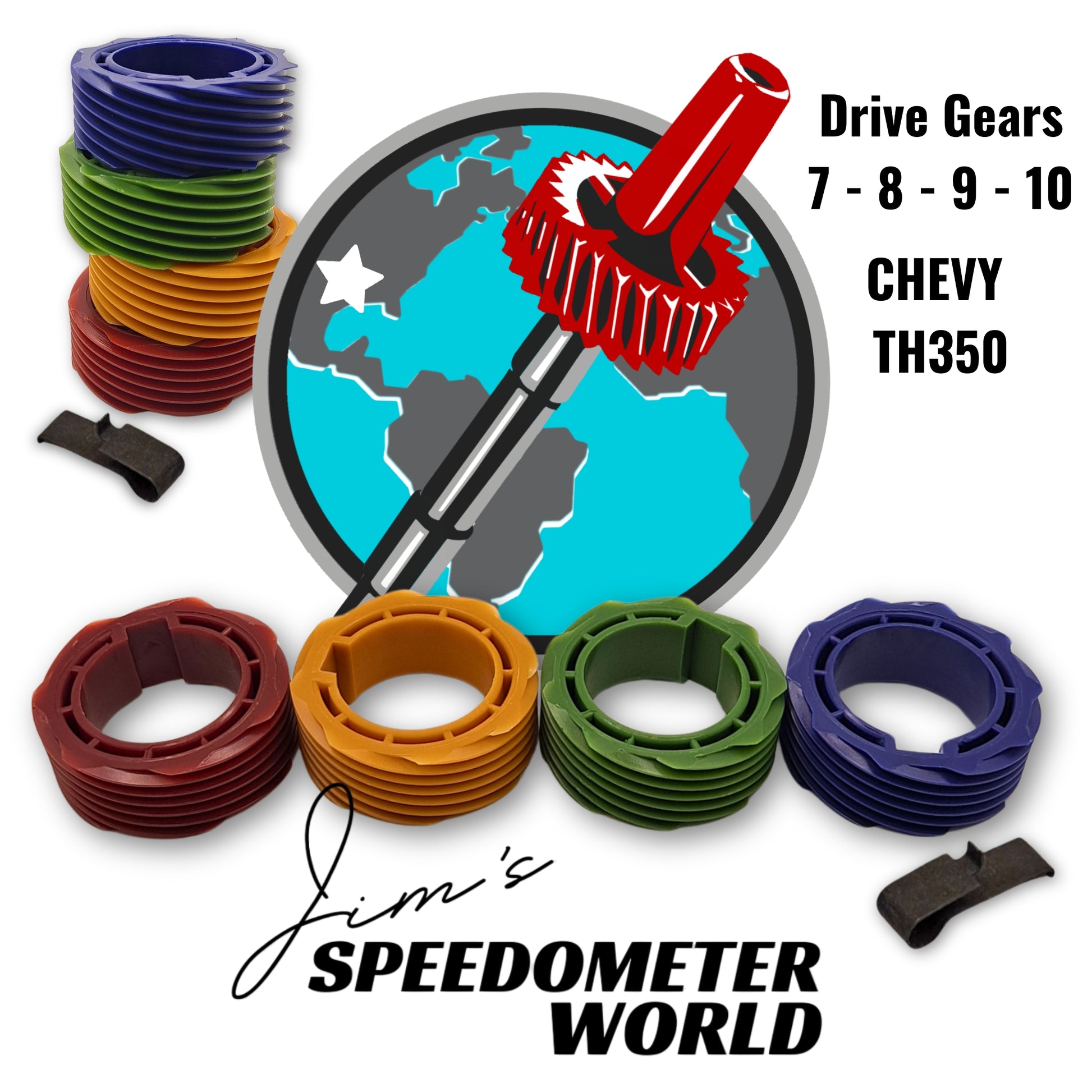Collection of TH350 transmission speedometer drive gears, 7 - 10 tooth available from Jim's Speedometer World 