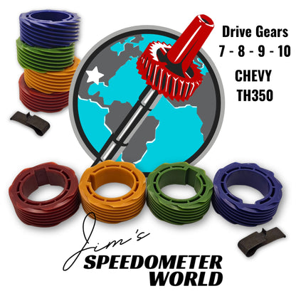 Collection of TH350 transmission speedometer drive gears, 7 - 10 tooth available from Jim's Speedometer World 
